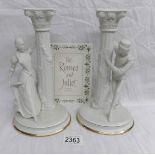 A pair of bisque porcelain Romeo and Juliet candlesticks by Franklin Mint.
