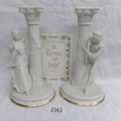 A pair of bisque porcelain Romeo and Juliet candlesticks by Franklin Mint.