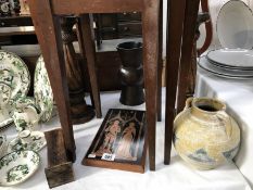 A mixed lot including pair of candlesticks, copper plaque etc.