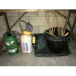 2 garden sprayers, a quantity of buckets, garden trays etc.