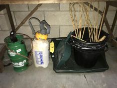 2 garden sprayers, a quantity of buckets, garden trays etc.