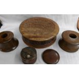 A carved wood tea box, 2 carved wood hair pots and 2 other items.