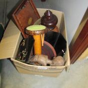 A collection of wooden items including inlaid brush tray and brush.