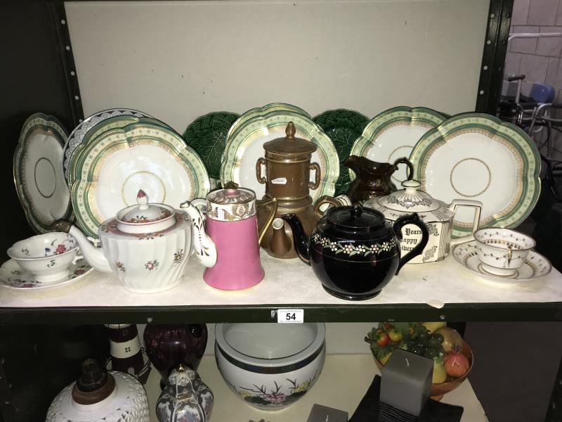 A quantity of Victorian china including plates, teapots, Wedgwood green leaf plates etc.