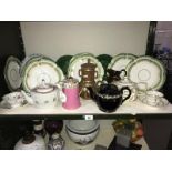 A quantity of Victorian china including plates, teapots, Wedgwood green leaf plates etc.