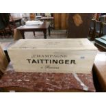 An empty Mathusalum 6 litre Tattinger Brut champagne bottle in original box.