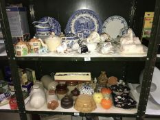 2 shelves of Kitchen Items etc, including Wedgwood, teapot, jelly moulds etc.