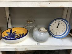 A Cornish blue wall clock and cut glass vase etc.