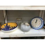 A Cornish blue wall clock and cut glass vase etc.