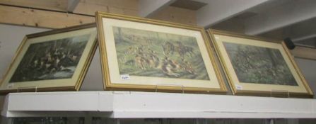 3 framed and glazed hunting scenes.