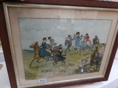 A framed and glazed watercolour comedy hunting scene signed Thomson, image 46 x 33 cm,