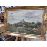 A gilt framed and glazed oil on canvas depicting a cathedral on a hill, signed Daeuetih ? Brar 1879.