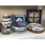 A collection of blue white pottery including Copeland, Wedgwood, Spode etc.