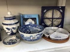 A collection of blue white pottery including Copeland, Wedgwood, Spode etc.