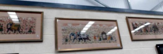 A set of 3 framed and glazed Indian procession scenes.