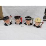 4 Royal Doulton 'Journey Through Britain' series character jugs being Fireman, Policeman,