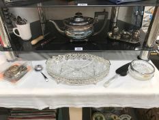 A mixed lot of silver plate including teapot, condiment set etc.