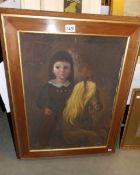 A framed oil on canvas of a child with a horse, signed but indistinct.