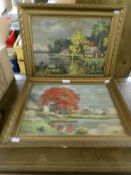 A pair of framed rural scene oil paintings, signed but indistinct.