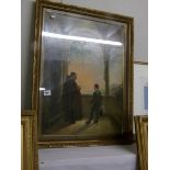 A gilt framed 19th century oil on canvas painting of a monk with traveller on a monastery balcony.