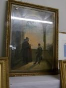 A gilt framed 19th century oil on canvas painting of a monk with traveller on a monastery balcony.