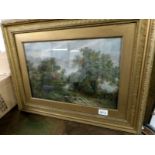 A gilt framed oil on canvas rural scene, signed but indistinct.