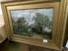A gilt framed oil on canvas rural scene, signed but indistinct.