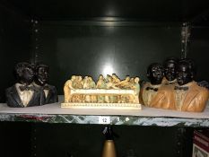 A Italian resin model of the last supper and 2 pottery figures of groups of singers.