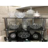 A quantity of glassware including lidded bowls (3 shelves).