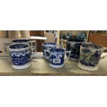 Three 19th century loving cups & three 19th century mugs all in blue glaze pictorial design