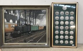 A set of framed 'Railway' Historical Medallion Company steam trains and emblems and a signed oil on