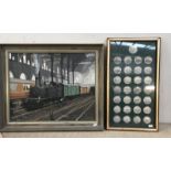 A set of framed 'Railway' Historical Medallion Company steam trains and emblems and a signed oil on