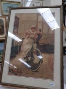 A framed and glazed print featuring a maid learning to ride a bicycle observed by an elderly lady.