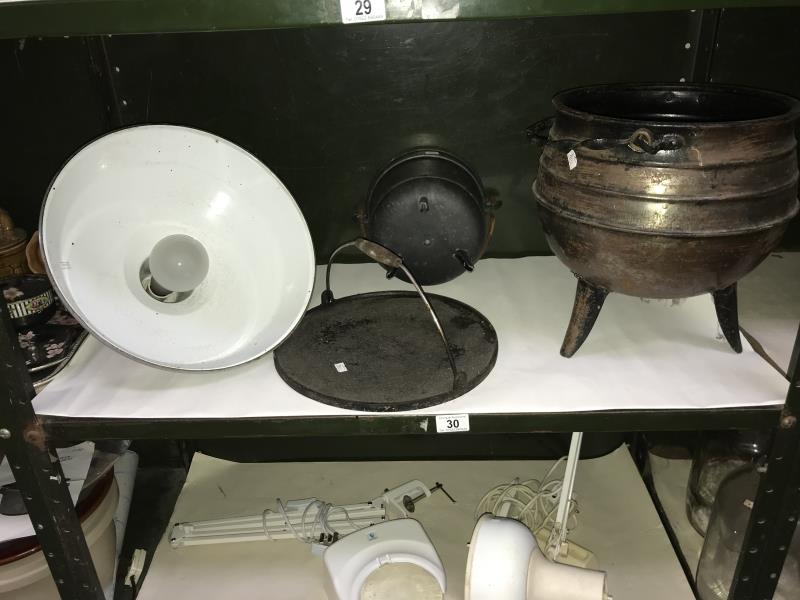 2 cauldron planters, industrial ceiling light etc.