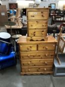 A five drawer pine chest and a 3 drawer bedside cabinet.