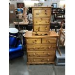 A five drawer pine chest and a 3 drawer bedside cabinet.