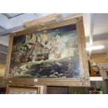 An oil on canvas naval battle scene signed Cyril Ward, overall size 93 x 65 cm.
