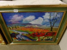 A 20th century French school fauvist landscape painting with coastal view, framed.