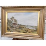 A gilt framed oil on canvas rural scene with cottages, signed M Pepper, 1903,