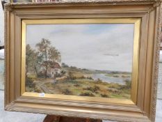 A gilt framed oil on canvas rural scene with cottages, signed M Pepper, 1903,