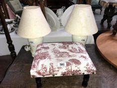 2 table lamps and a small stool.
