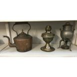 A Victorian copper kettle, oil lamp and pewter samovar.