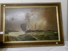 A gilt framed oil on canvas nautical storm scene by Russian artist Hohdon?