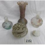 2 glass scent bottles, a powder bowl, a vase and a small glass bird.