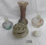 2 glass scent bottles, a powder bowl, a vase and a small glass bird.