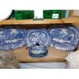 2 19th century blue and white meat platters,