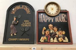 2 wooden signs - Happy Hour and Wimbledon.