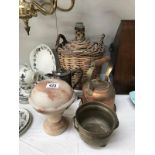 A mixed lot including copper kettle, silver plate pot etc.