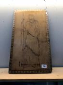 A 20th century poker work wooden plaque of a classical woman