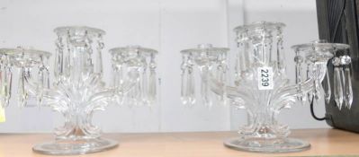 A pair of good quality mid 20th century 3 branch glass candelabra (one had been repaired).
